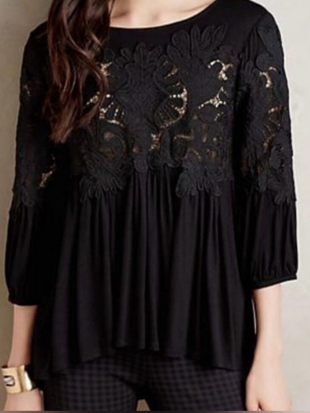 Anthropologie Deletta Desi Floral Applique Top-Black-Lace/Puff Sleeve-Size Small